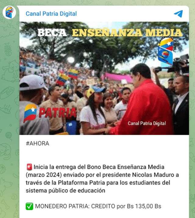 El Gobierno de Nicolás Maduro promueve el Bono Enseñanza Media. Foto: Canal Patria Digital   