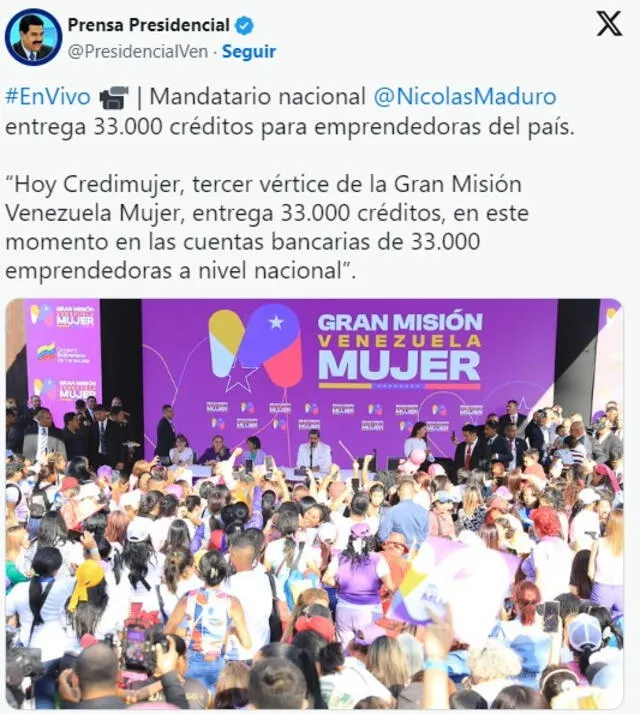 Anuncio de Nicolás Maduro sobre el Credimujer de Venezuela. Foto: X/PresidencialVen   
