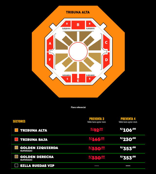 Plano de asientos para La Noche Dorada en el Coliseo Dibós 