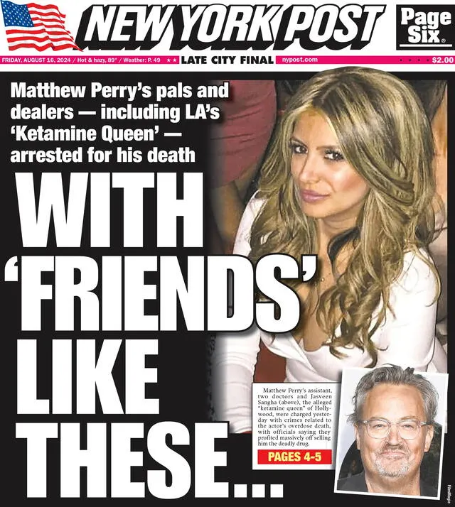 Portada del caso Matthew Perry. Fuente: New York Post   