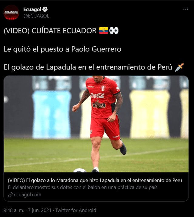 Publicación de Ecuagol sobre el gol de Lapadula en Twitter. Foto: Captura