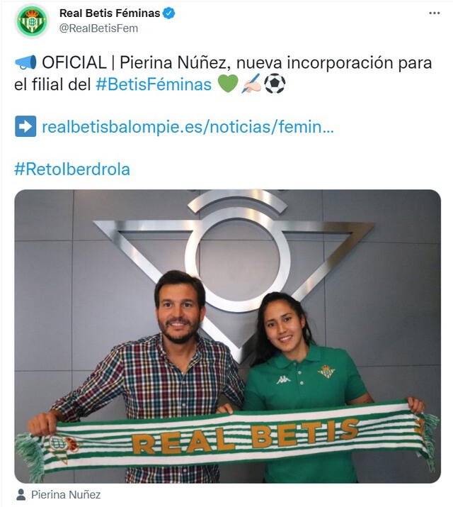Real Betis Féminas anunciando la incorporación de Pierina Núñez. Foto: captura Twitter
