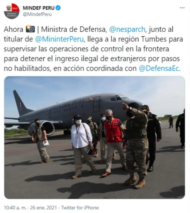 La propia ministra de Defensa, Nuria Esparch, ha supervisado el accionar de las Fuerzas Armadas del Perú. Foto: captura de Twitter