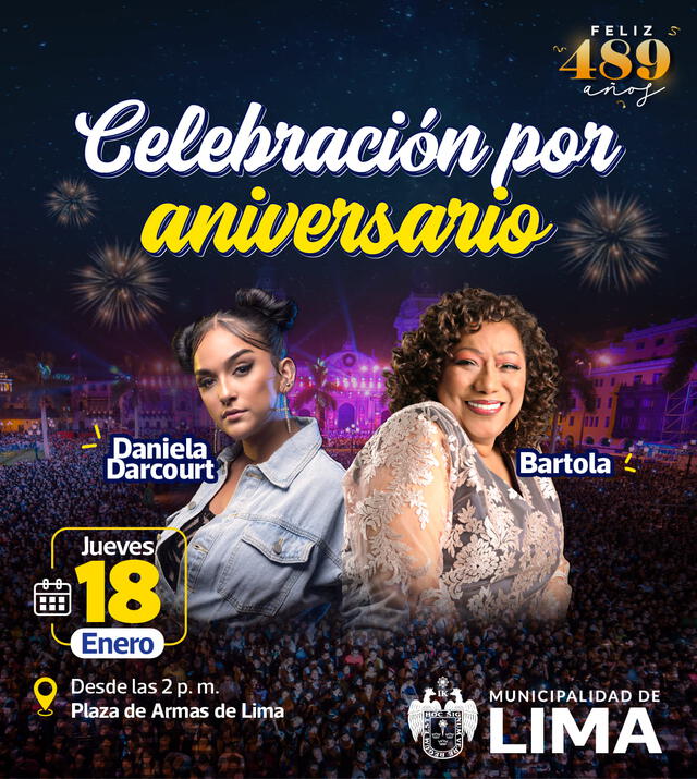  Daniela Darcourt y Bartola estarán en el día central por el aniversario de Lima. Foto: Municipalidad de Lima   