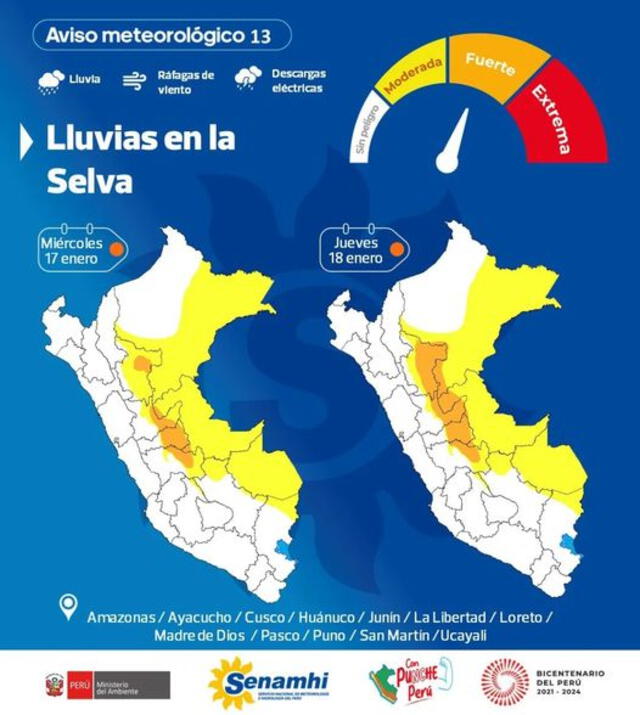  Pronóstico de lluvias del Senamhi del 17 al 18 de enero. Foto: Senamhi   