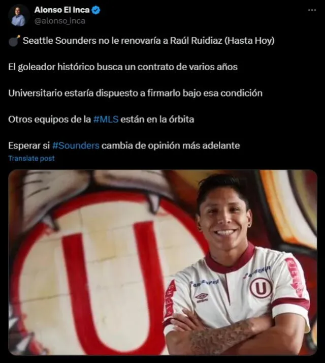  Raúl Ruidíaz no seguiría en Seattle Sounders, según informó Alonso El Inca. Foto: captura X    