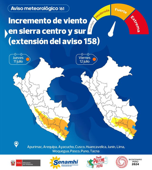  La sierra centro y sur presentará un aumento de la velocidad del viento, con ráfagas de viento de 45 km/h. Foto: Senamhi.<br><br>    