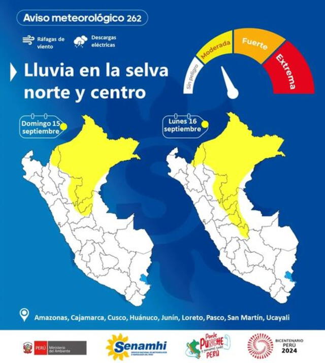  Advierten lluvias en alguns regiones. Foto: Senamhi    