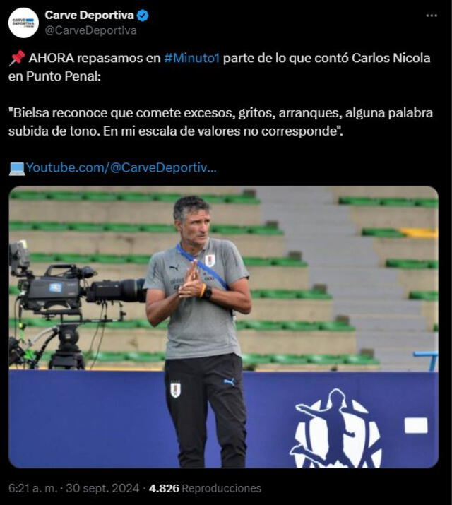 Carlos Nicola contó la vivencia con Marcelo Bielsa en Uruguay. Foto: captura de X.   