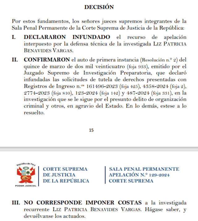  Rechazan definitivamente tutela de derechos de Patricia Benavides.   