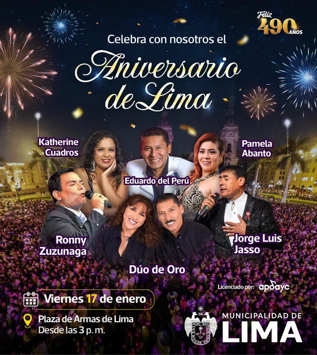  Artistas invitados para el Aniversario de Lima. Foto: Facebook   