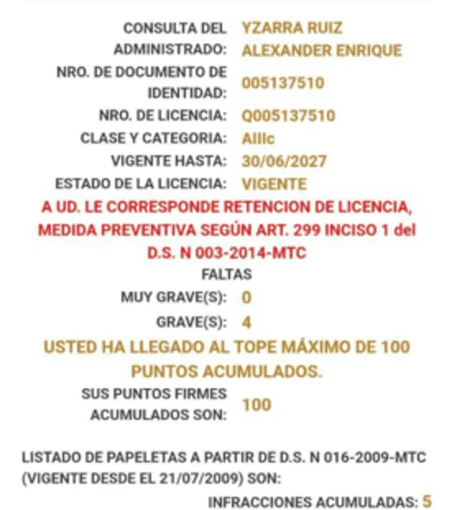 Chofer tenía orden de retención de licencia y 100 puntos por infracciones.    
