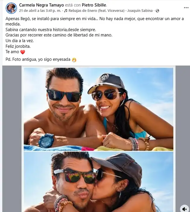 Carmela Tamayo expresa su amor por Pietro Sibille en redes. Foto: Facebook/Carmela Tamayo