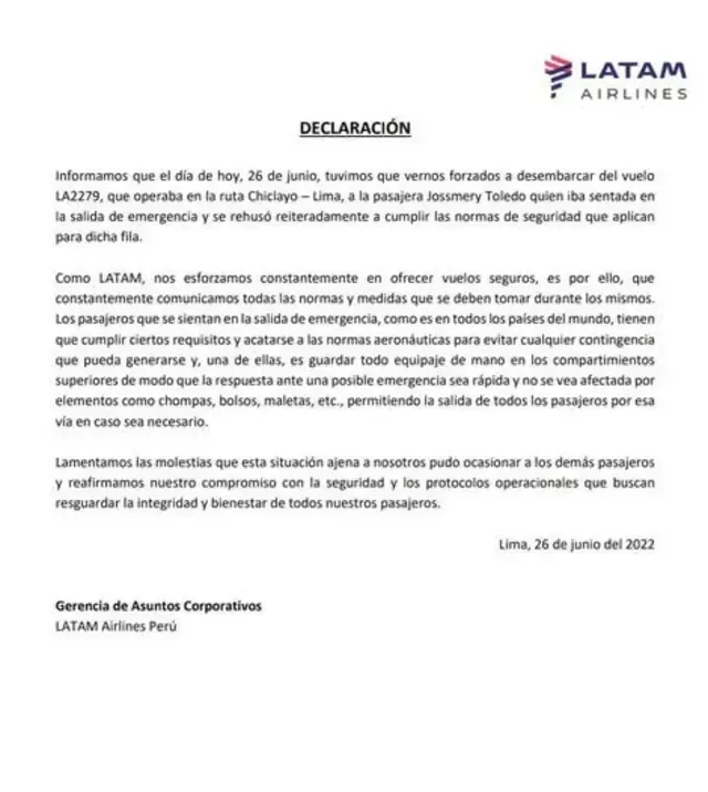Latam emitió comunicado tras bajar a Jossmery Toledo de vuelo. Foto: difusión/Latam
