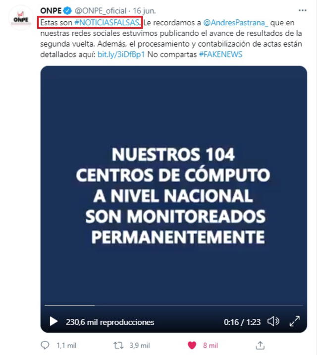 En un video, la ONPE desmintió que exista fraude o alguna intromisión de Venezuela en el software que contabiliza votos de la segunda vuelta. Foto: Captura Twitter.