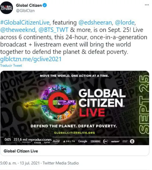 Anuncio de Global Citizen. Foto: captura Twitter