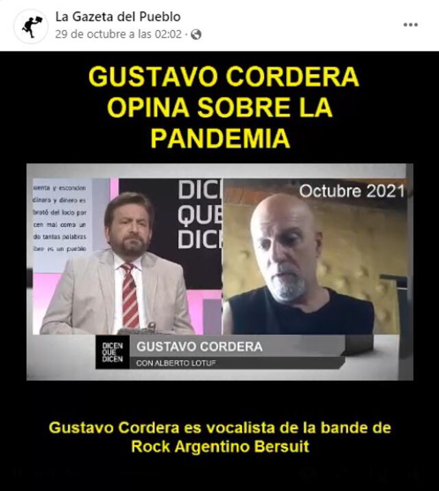 Video viral en el que el cantante argentino emitió afirmaciones falsas sobre la pandemia de la Covid-19. FOTO: Captura de Facebook.