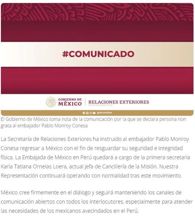 Comunicado del Gobierno de México. Foto: Difusión