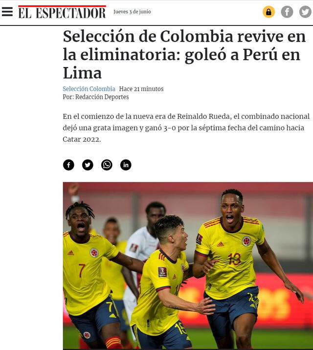 Así informó la prensa extranjera el 3-0 de Colombia a Perú. Foto: captura de pantalla/El Espectador