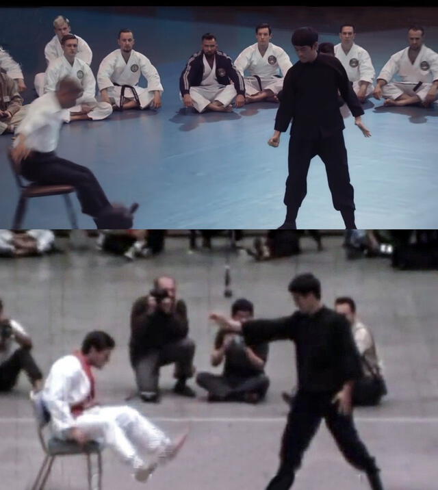 La foto superior es un fotograma de la película Ip Man 4, mientras que la inferior es la demostración real.