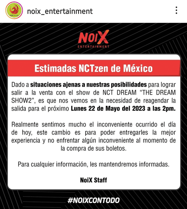  Comunicado de Noix sobre reprogramación de la venta de entradas de NCT en México. Foto: Instagram   