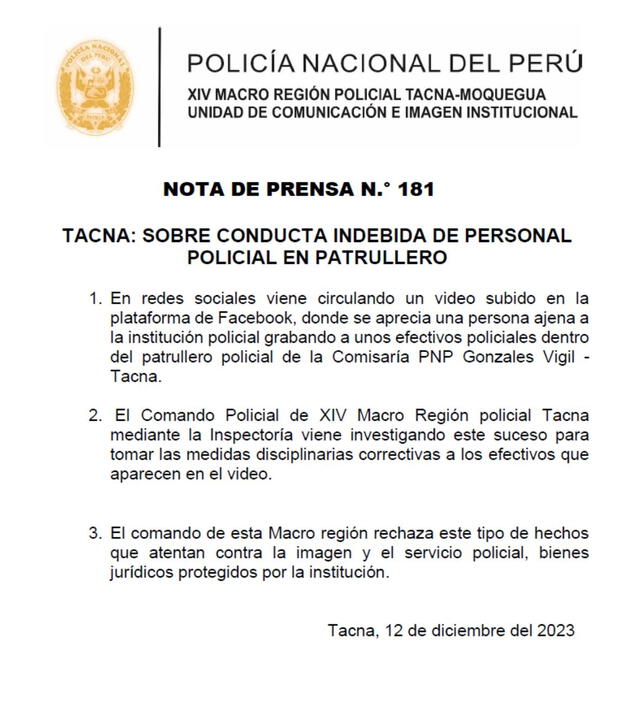 Policía informa medidas en Tacna. Foto: PNP 