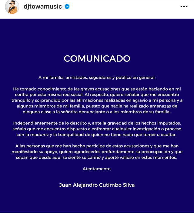  DJ Towa emitió un comunicado en su cuenta de Instagram. Foto: Instagram/DJ Towa Music 