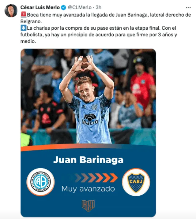 Juan Barinaga se formó en las divisiones inferiores de Belgrano. Foto: Twitter/César Luis Merlo.   