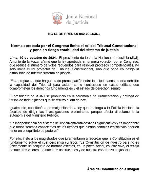 Comunicado de la Junta Nacional de Justicia. Foto: JNJ   