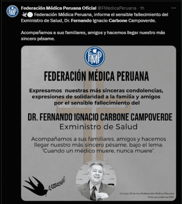 Federación Médica Peruana lamentó la muerte de Fernando Carbone. 