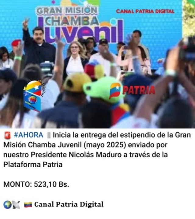 Anuncio del Bono Chamba Juvenil de mayo 2025. Foto: Canal Patria Digital Anuncio del Bono Chamba Juvenil de mayo 2025. Foto: Canal Patria Digital