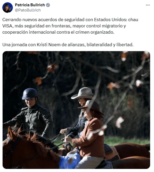 Bullrich compartió foto con Noem montando a caballo. Captura: X.   