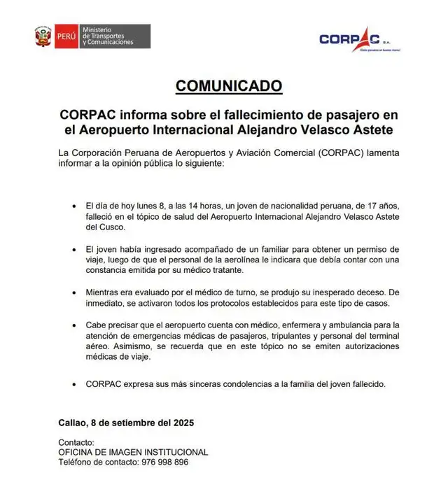 Comunicado de CORPAC tras el incidente en el aeropuerto. Foto: X   