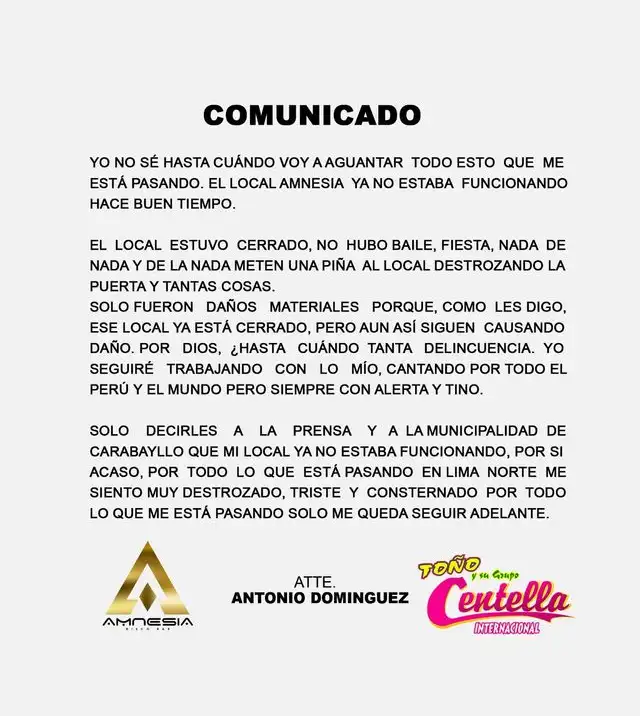 Comunicado de Toño Centella. Foto: Facebook   
