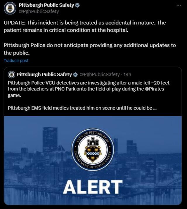  Pittsburg Public Safety's update over fallen fan's condition. Photo: Pittsburg Public Safety Department   