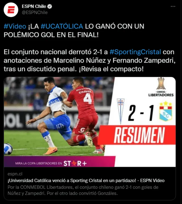 ESPN Chile informó así tras el partido e Sporting Cristal. Foto: captura ESPN Chile twitter