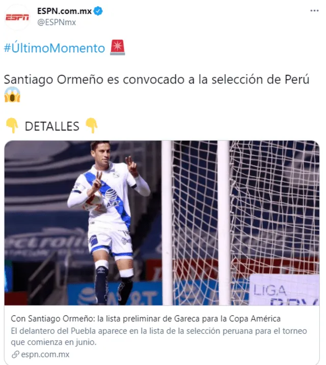 ESPN México informó sobre la convocatoria de Santiago Ormeño a la selección peruana.