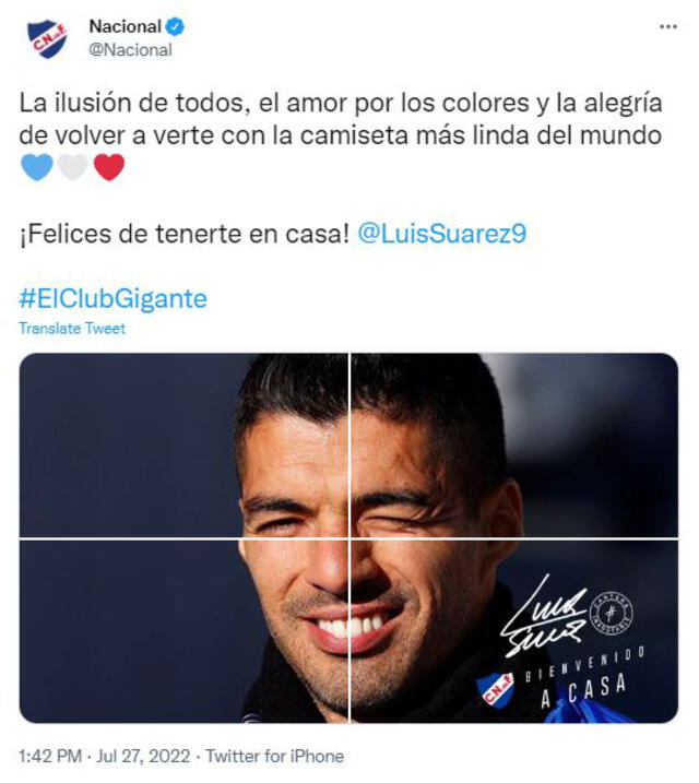 Nacional da la bienvenida a Luis Suárez. Foto: captura Twitter