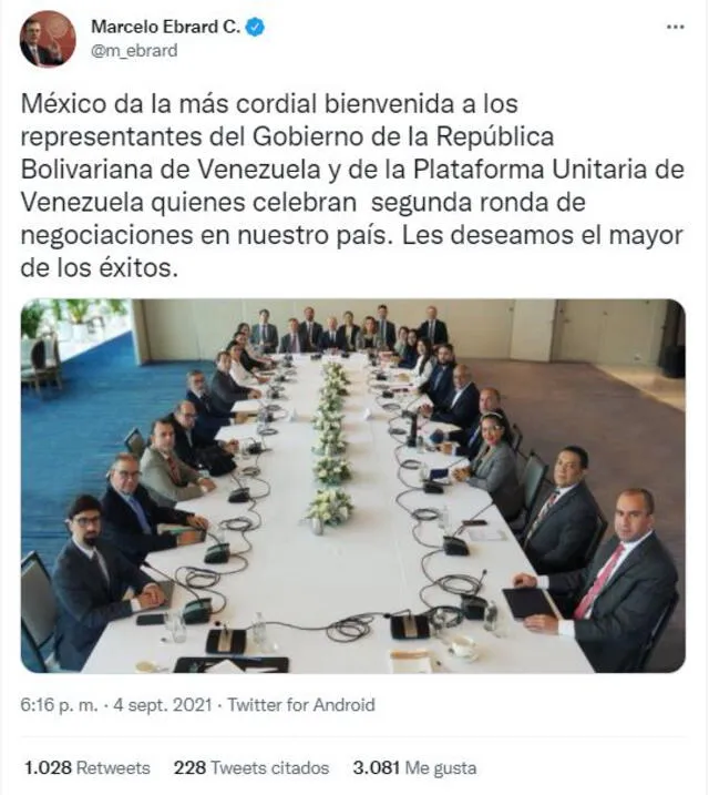 Tuit el Canciller de México sobre el proceso de diálogo entre el chavismo y la opoción venezolana. Foto: Twitter