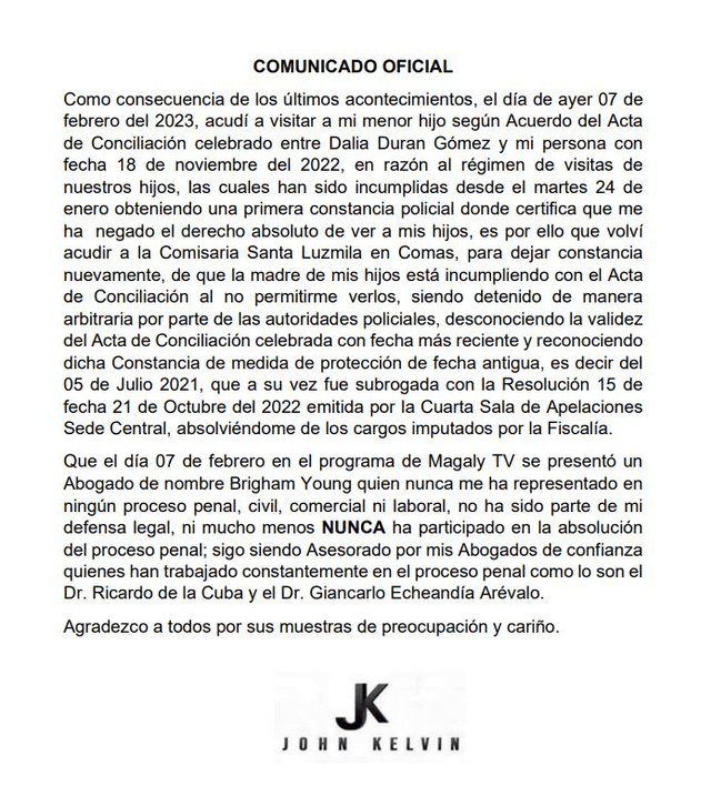  Comunicado de abogados de John Kelvin. Foto: John Kelvin<br><br>    