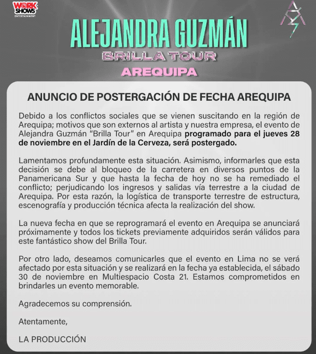 Comunicado sobre el show de Alejandra Guzmán en Arequipa. Foto: difusión   