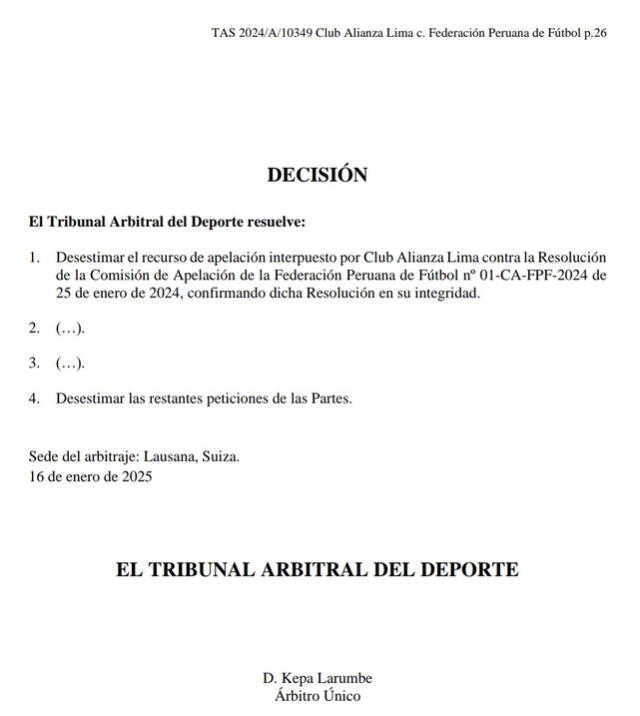 Documento del TAS sobre sanción a Alianza Lima.   