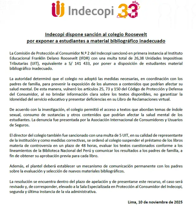 Comunicado de Indecopi acerca de la resolución alega material inadecuado para los alumnos.   