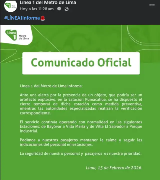  El tren eléctrico informó sobre la suspensión parcial. Foto: Facebook.    