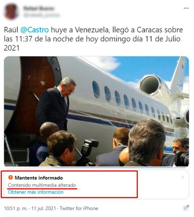 Tuit con mayor alcance donde se afirma que Raúl Castro habría llegado a Venezuela las 11:37pm. FOTO: Captura de Twitter.