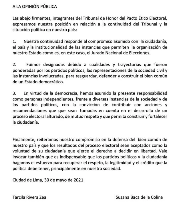 Comunicado de Tarcila Rivera y Susana Baca.