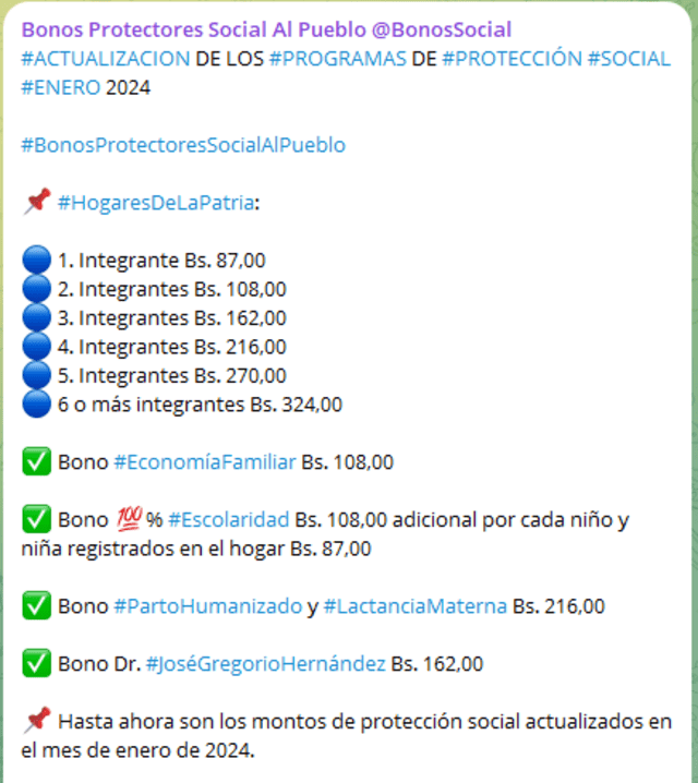 Revisa todos los montos de los bonos entregados el 1 de enero. Foto: Canal Patria Digital   