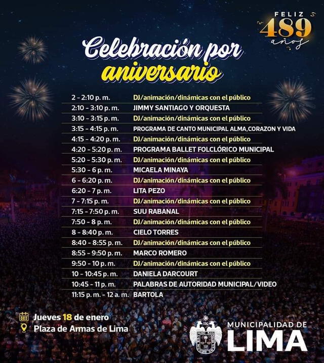  Estos son los artistas que se presentará en el concierto de 18 de enero por el Aniversario de Lima. Foto: Municipalidad de Lima   