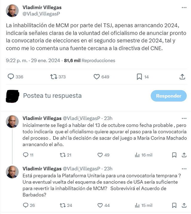  El periodista Vladimir Villegas habló sobre las elecciones en Venezuela y la inhabilitación de María Corina Machado en su cuenta de X. Foto: @vladi_villegasP/X   