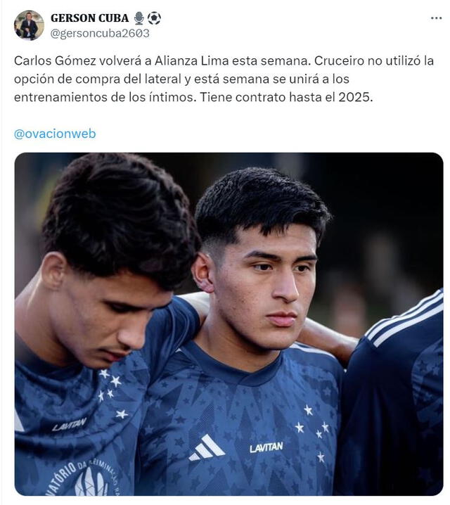 Carlos Gómez se formó en las divisiones inferiores de Alianza Lima antes de jugar en Brasil. Foto: Twitter/Gerson Cuba   